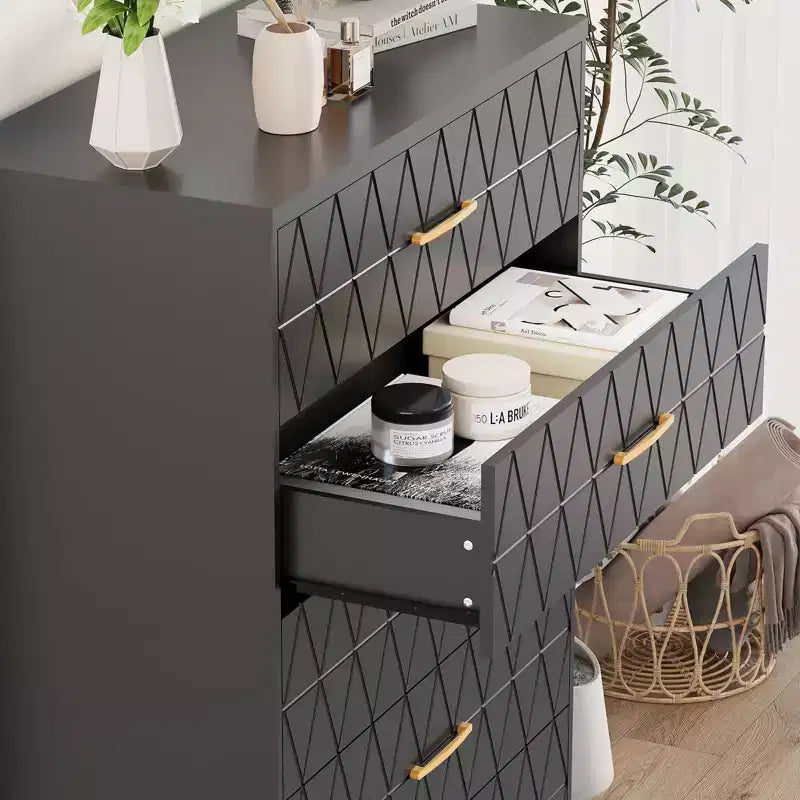 Commode en bois à 5 tiroirs pour chambre à coucher, commode en bois avec poignées dorées pour placard, table de chevet moderne, meuble de rangement.