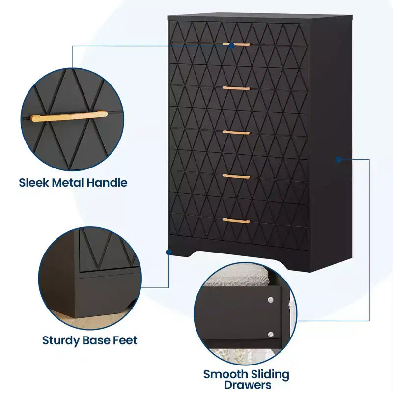 Commode en bois à 5 tiroirs pour chambre à coucher, commode en bois avec poignées dorées pour placard, table de chevet moderne, meuble de rangement.