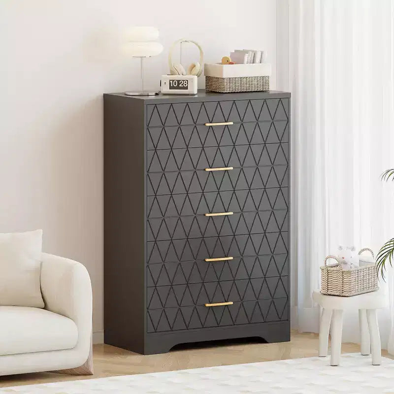 5 Drawer Wooden Dressers for Bedroom, Wood Chest of Drawers with Gold Handles for Closet, Modern Nightstand for Bedside, Storage Organizer Cabinet