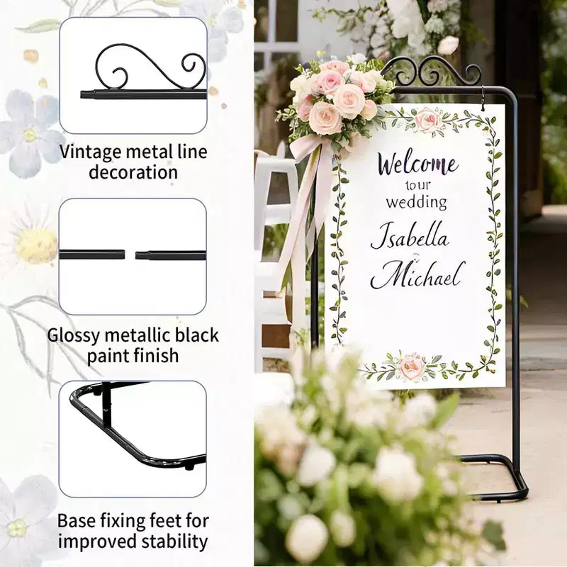 Support de panneau de bienvenue réglable - Porte-panneau en métal robuste pour mariage, anniversaire, fête, livre d'or, comprend 2 paires de sangles en cuir