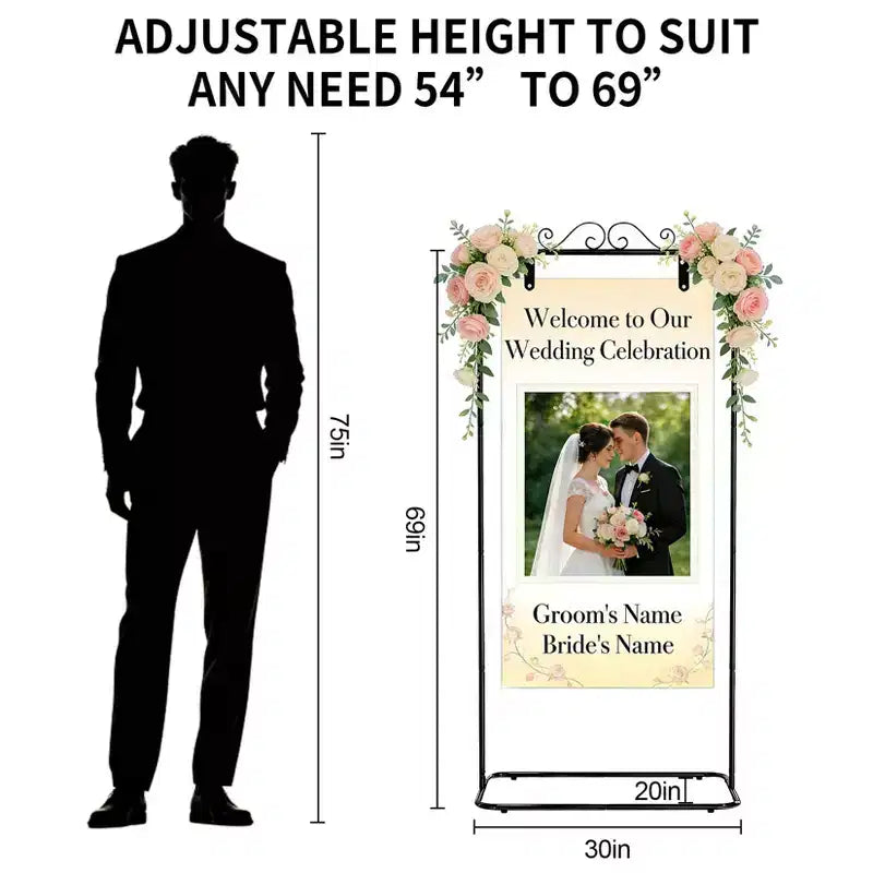 Support de panneau de bienvenue réglable - Porte-panneau en métal robuste pour mariage, anniversaire, fête, livre d'or, comprend 2 paires de sangles en cuir