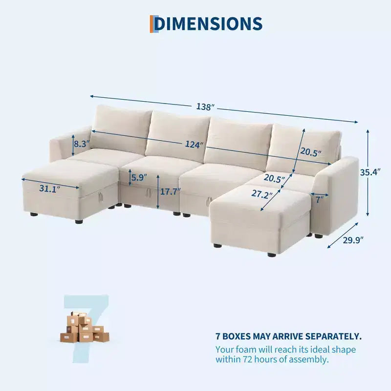 Canapé modulable 108-163 en L/U, 4 à 9 places, modèle Cloud, avec rangement sous toutes les assises, méridienne réversible, convertible en chenille