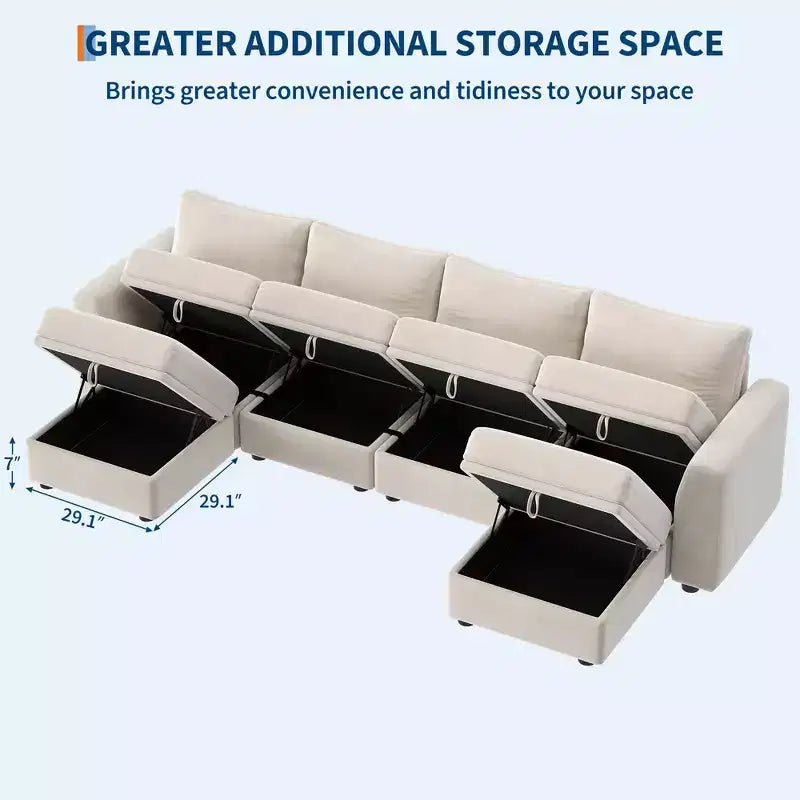 Canapé modulable 108-163 en L/U, 4 à 9 places, modèle Cloud, avec rangement sous toutes les assises, méridienne réversible, convertible en chenille