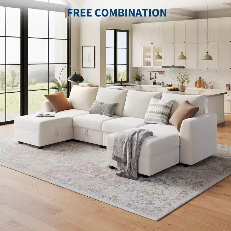 Canapé modulable 108-163 en L/U, 4 à 9 places, modèle Cloud, avec rangement sous toutes les assises, méridienne réversible, convertible en chenille