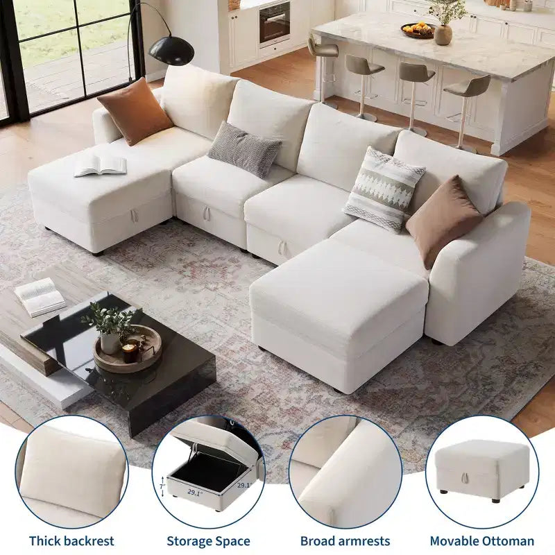 Canapé modulable 108-163 en L/U, 4 à 9 places, modèle Cloud, avec rangement sous toutes les assises, méridienne réversible, convertible en chenille