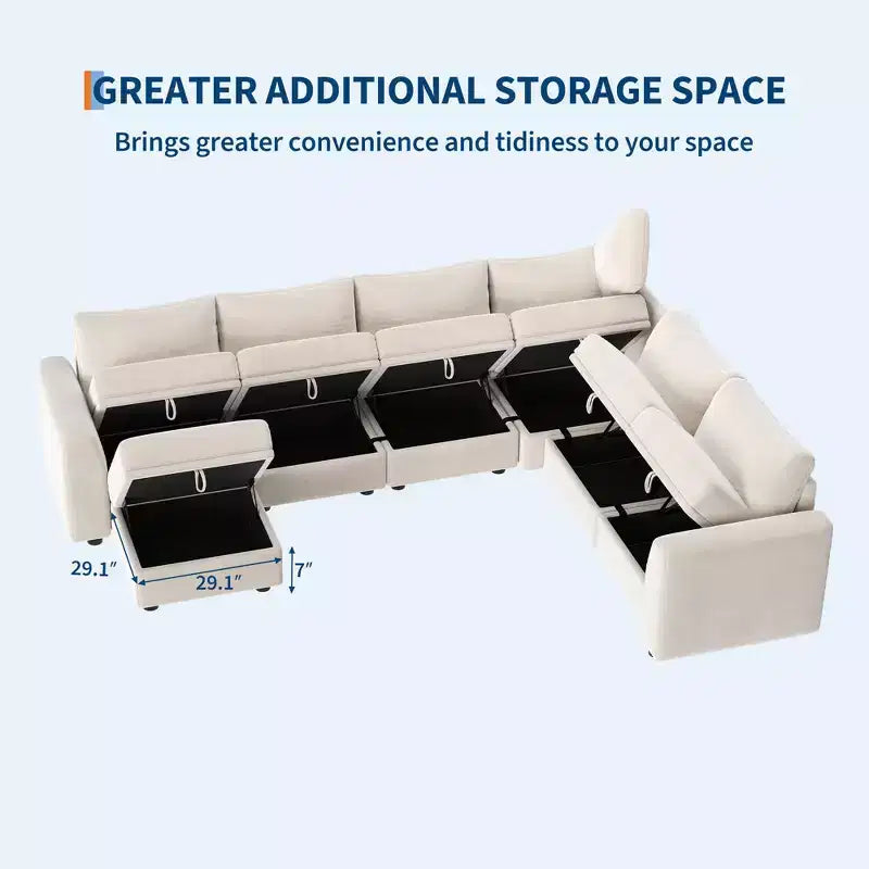 Canapé modulable 108-163 en L/U, 4 à 9 places, modèle Cloud, avec rangement sous toutes les assises, méridienne réversible, convertible en chenille