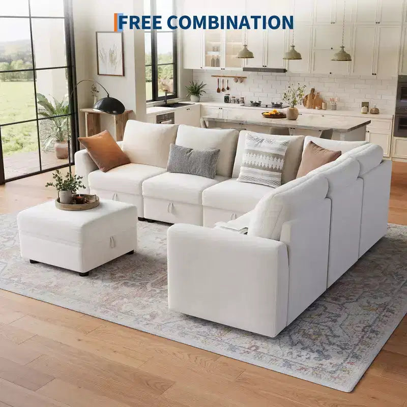 Canapé modulable 108-163 en L/U, 4 à 9 places, modèle Cloud, avec rangement sous toutes les assises, méridienne réversible, convertible en chenille