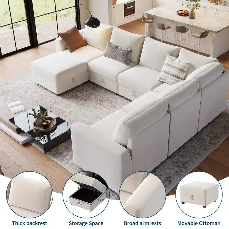 Canapé modulable 108-163 en L/U, 4 à 9 places, modèle Cloud, avec rangement sous toutes les assises, méridienne réversible, convertible en chenille