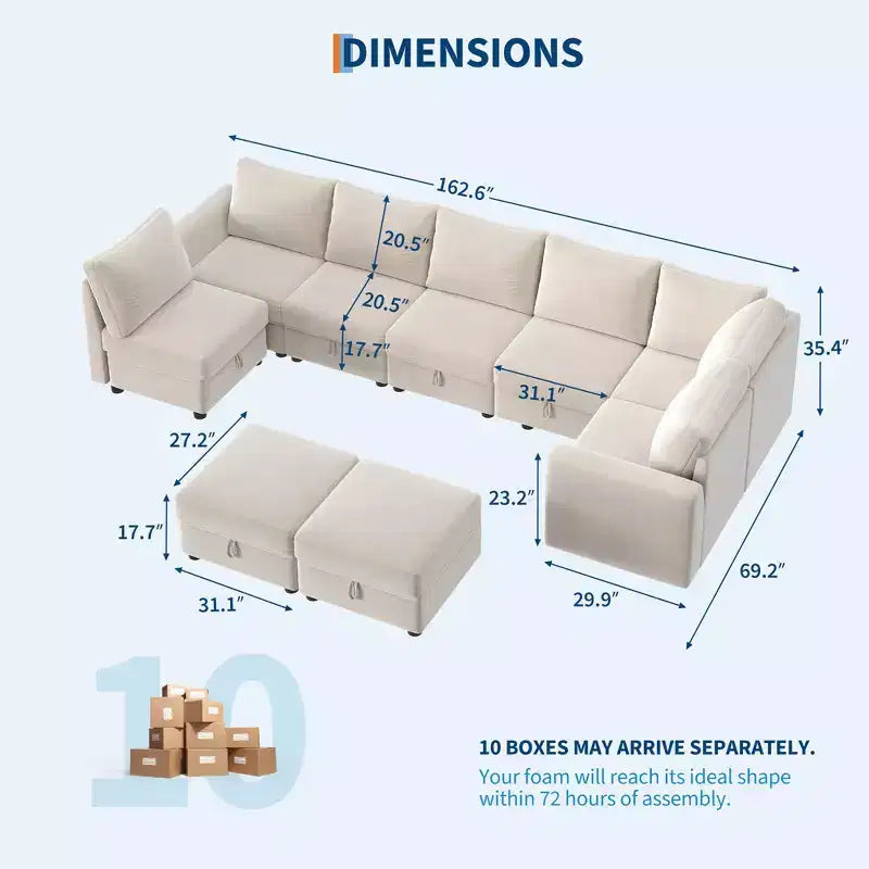 Canapé modulable 108-163 en L/U, 4 à 9 places, modèle Cloud, avec rangement sous toutes les assises, méridienne réversible, convertible en chenille