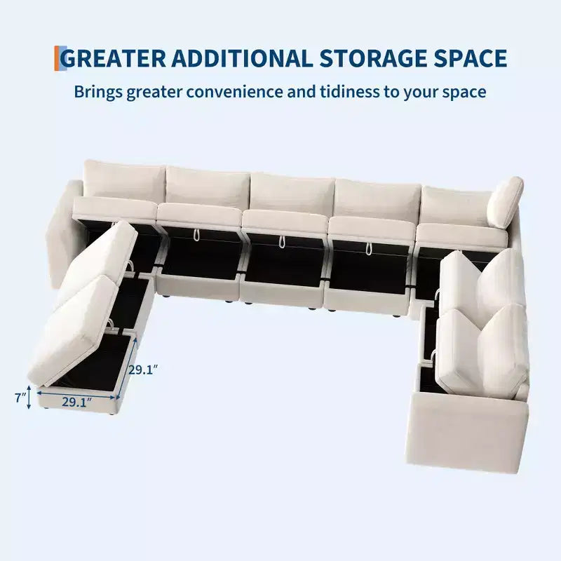 Canapé modulable 108-163 en L/U, 4 à 9 places, modèle Cloud, avec rangement sous toutes les assises, méridienne réversible, convertible en chenille