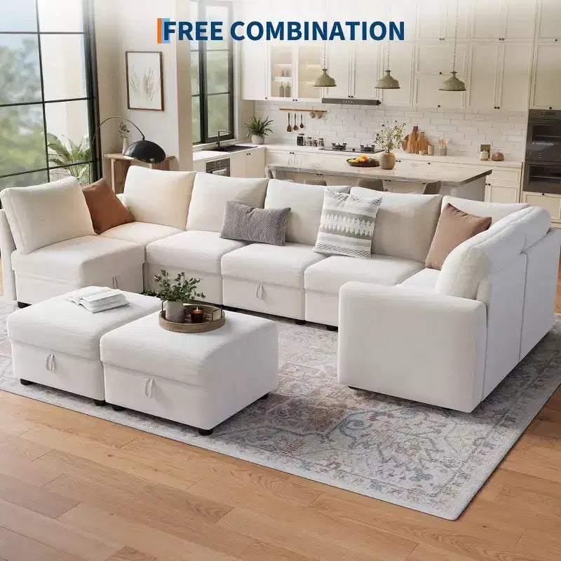 Canapé modulable 108-163 en L/U, 4 à 9 places, modèle Cloud, avec rangement sous toutes les assises, méridienne réversible, convertible en chenille