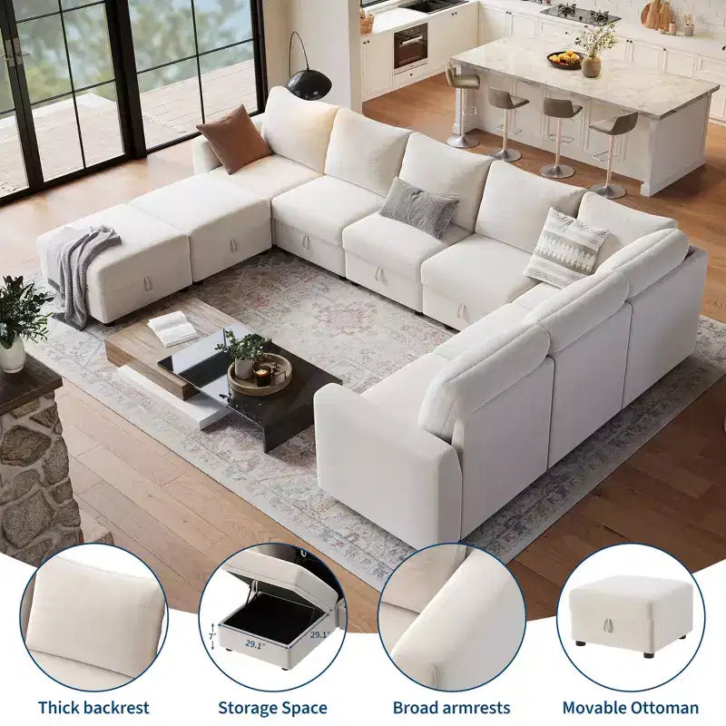 Canapé modulable 108-163 en L/U, 4 à 9 places, modèle Cloud, avec rangement sous toutes les assises, méridienne réversible, convertible en chenille