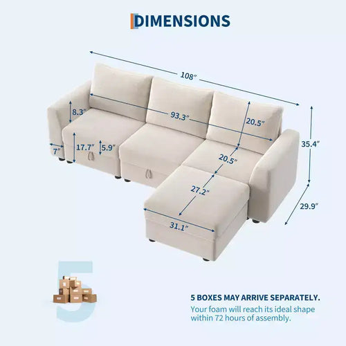Canapé modulable 108-163 en L/U, 4 à 9 places, modèle Cloud, avec rangement sous toutes les assises, méridienne réversible, convertible en chenille
