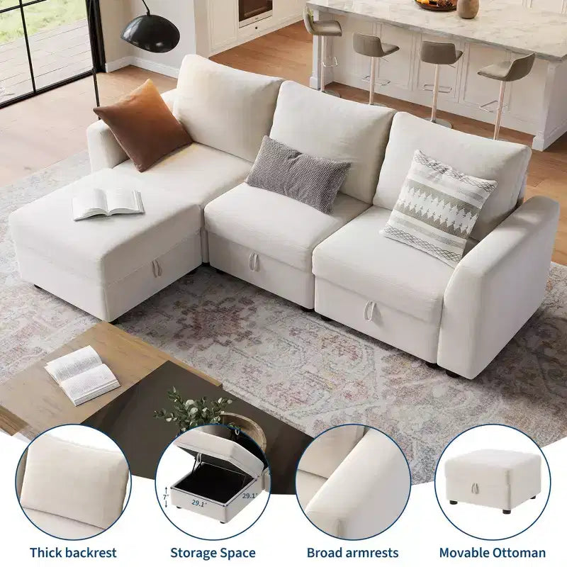 Canapé modulable 108-163 en L/U, 4 à 9 places, modèle Cloud, avec rangement sous toutes les assises, méridienne réversible, convertible en chenille
