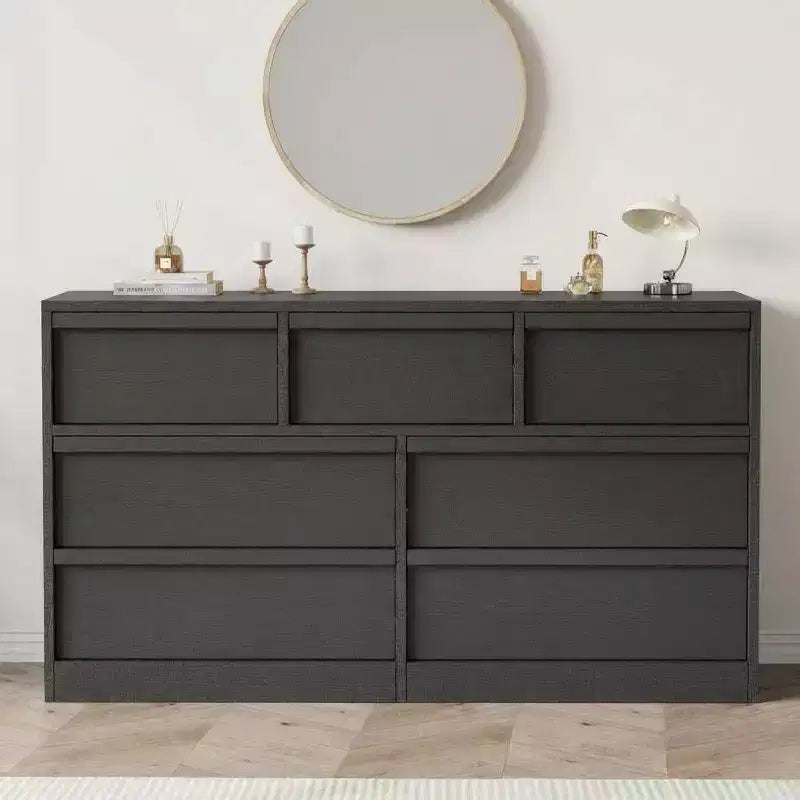 Acekool 7 Drawer Dresser for Bedroom, Wooden Storage Cabinet with Concave Handles, Modern Chest of Drawers Organizer, Black