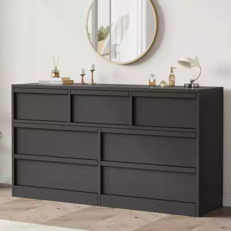 Commode à 7 tiroirs Acekool pour chambre à coucher, meuble de rangement en bois avec poignées concaves, organisateur moderne de commode, noir