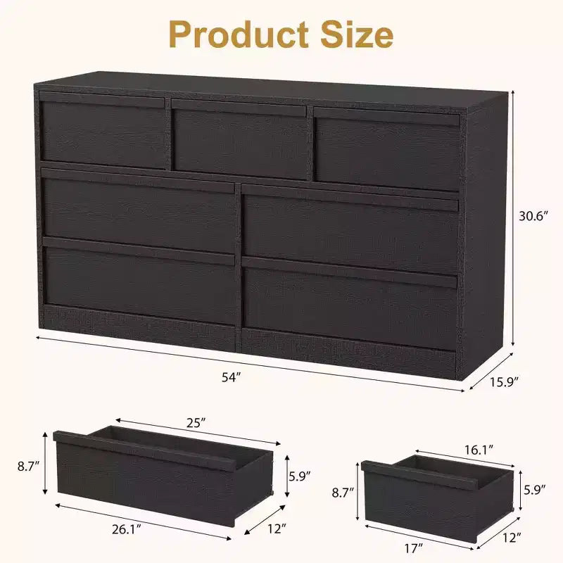 Commode à 7 tiroirs Acekool pour chambre à coucher, meuble de rangement en bois avec poignées concaves, organisateur moderne de commode, noir