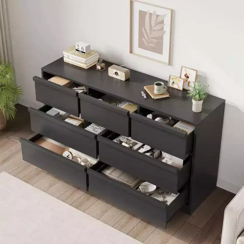 Commode à 7 tiroirs Acekool pour chambre à coucher, meuble de rangement en bois avec poignées concaves, organisateur moderne de commode, noir