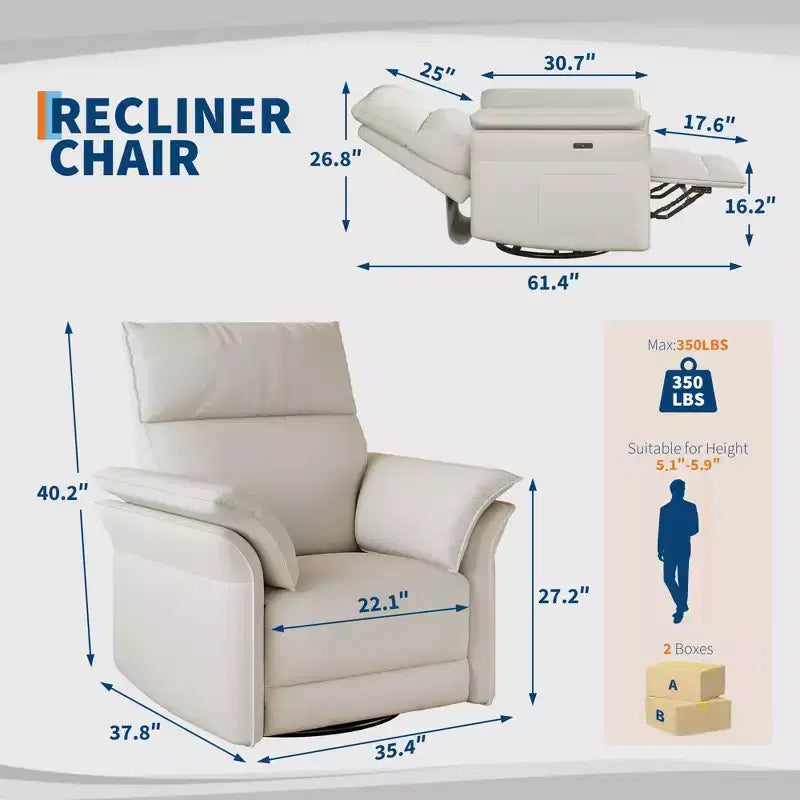 Fauteuil inclinable pivotant Acekool, fauteuil inclinable en cuir PU avec assise profonde pour salon, chambre, chambre d'enfant, blanc