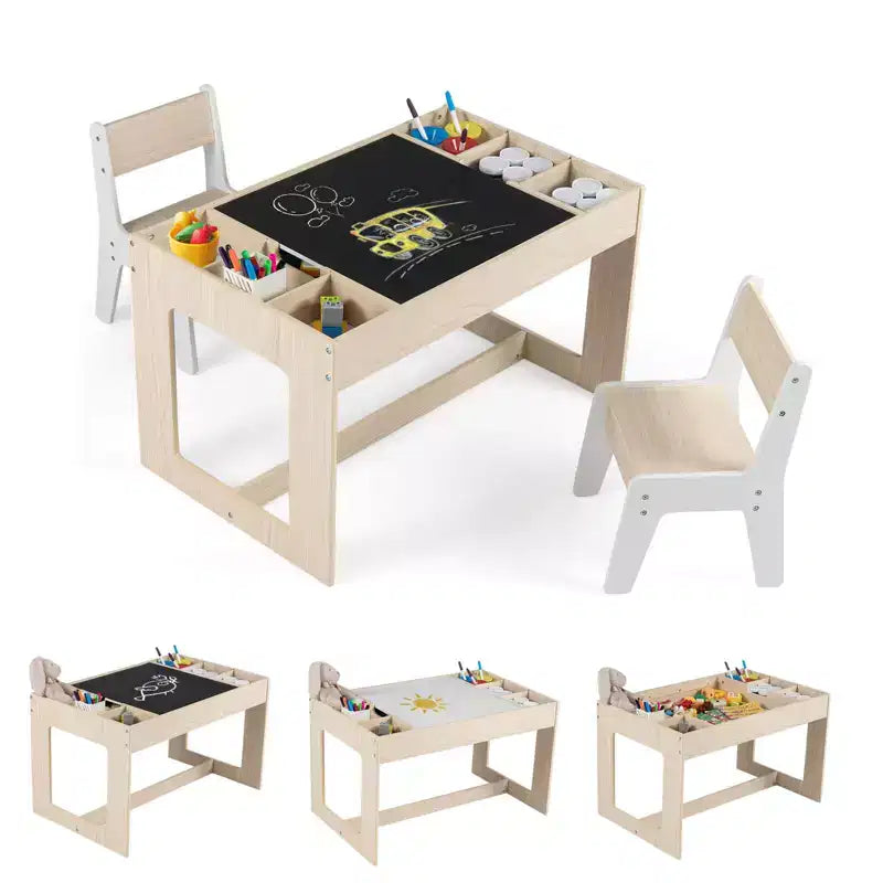 Ensemble table et 2 chaises multifonctions pour enfants Costway avec plateau double face amovible gris + blanc/naturel + blanc