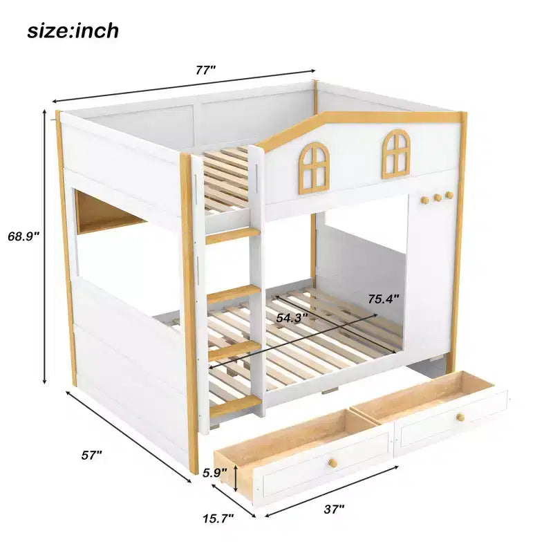 Lit superposé Whisen avec balustrades en forme de maison et étagères de rangement et tiroirs ou lit gigogne