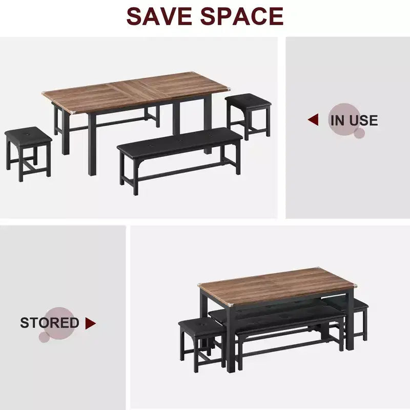 Ensemble de salle à manger extensible peu encombrant pour 4 à 8 personnes, table multifonctionnelle de 160 cm avec bancs et tabourets, imperméable, anti-marques, style moderne du milieu du siècle