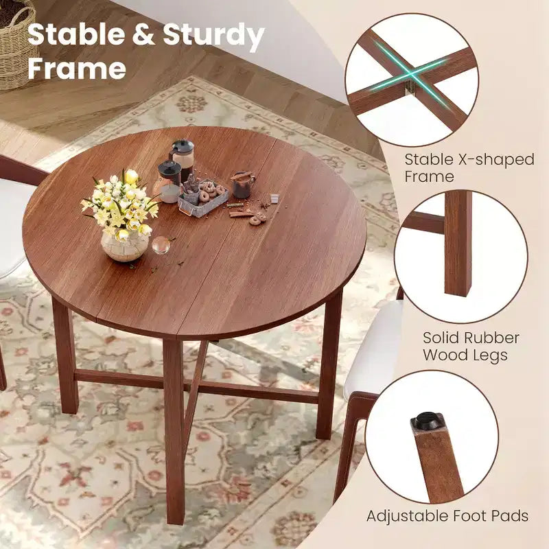 Costway Table de cuisine pliable de 91 cm, Table à manger ronde avec pieds en bois d'hévéa massif