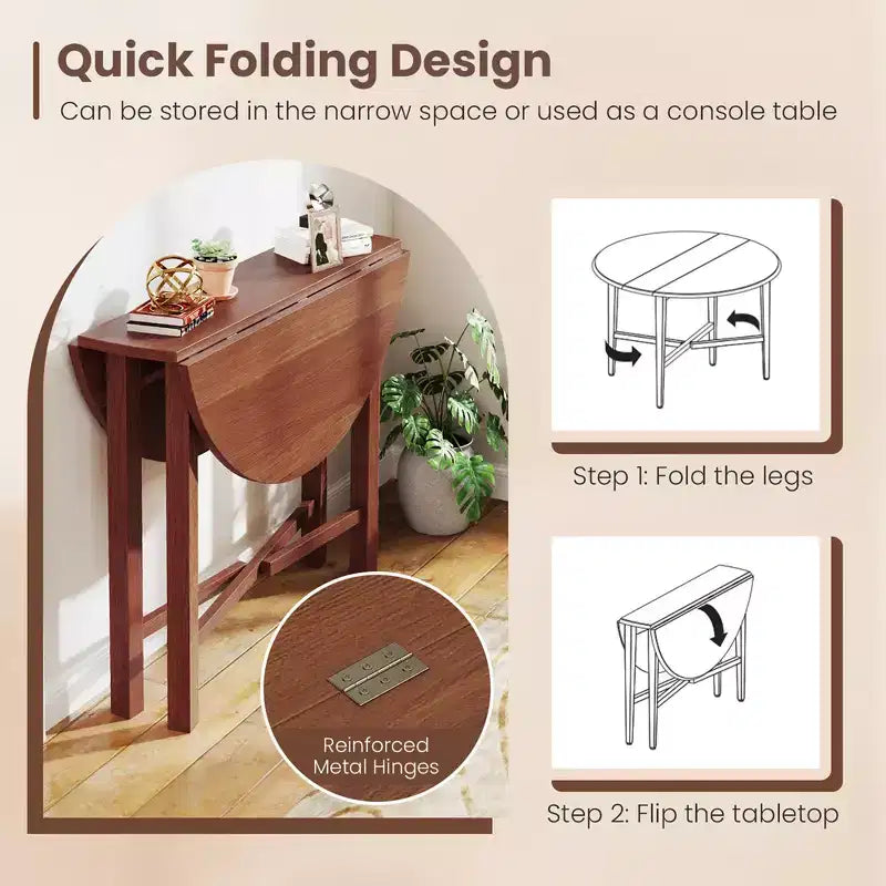 Costway Table de cuisine pliable de 91 cm, Table à manger ronde avec pieds en bois d'hévéa massif