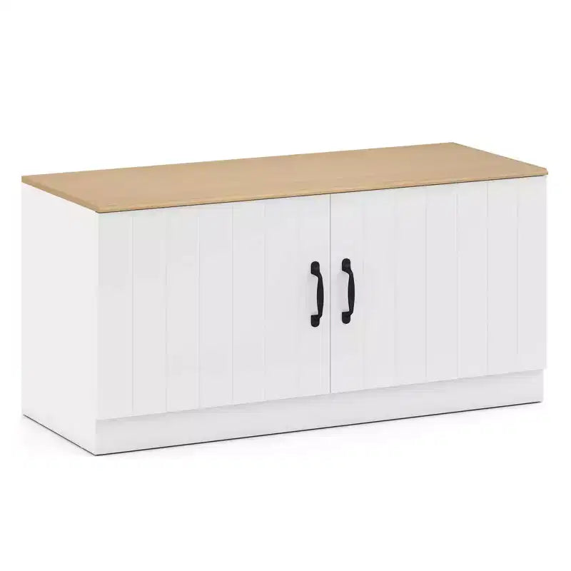 Banc à chaussures 2 portes Costway avec étagères réglables et espace de rangement caché Naturel + Blanc/Blanc
