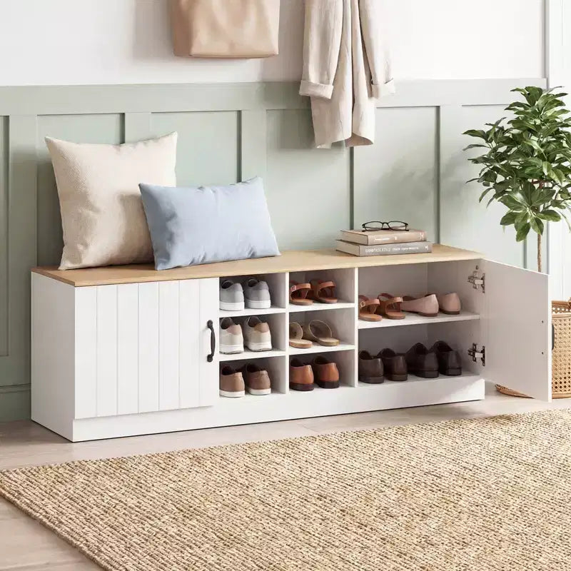 Banc à chaussures 2 portes Costway avec étagères réglables et espace de rangement caché Naturel + Blanc/Blanc