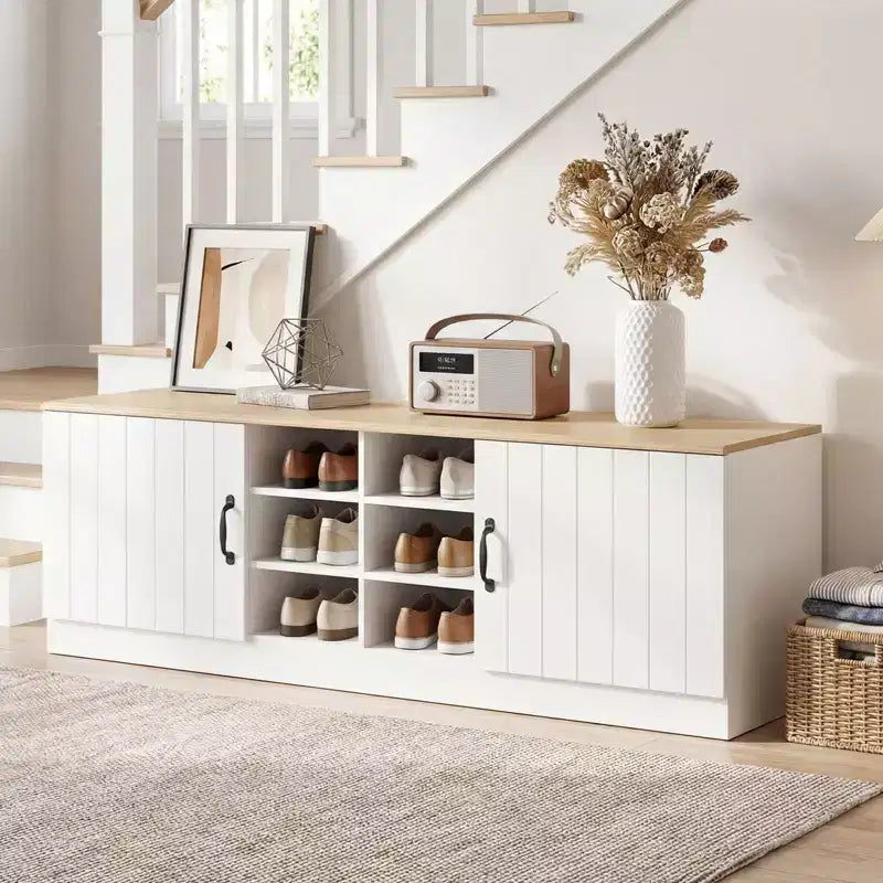 Banc à chaussures 2 portes Costway avec étagères réglables et espace de rangement caché Naturel + Blanc/Blanc