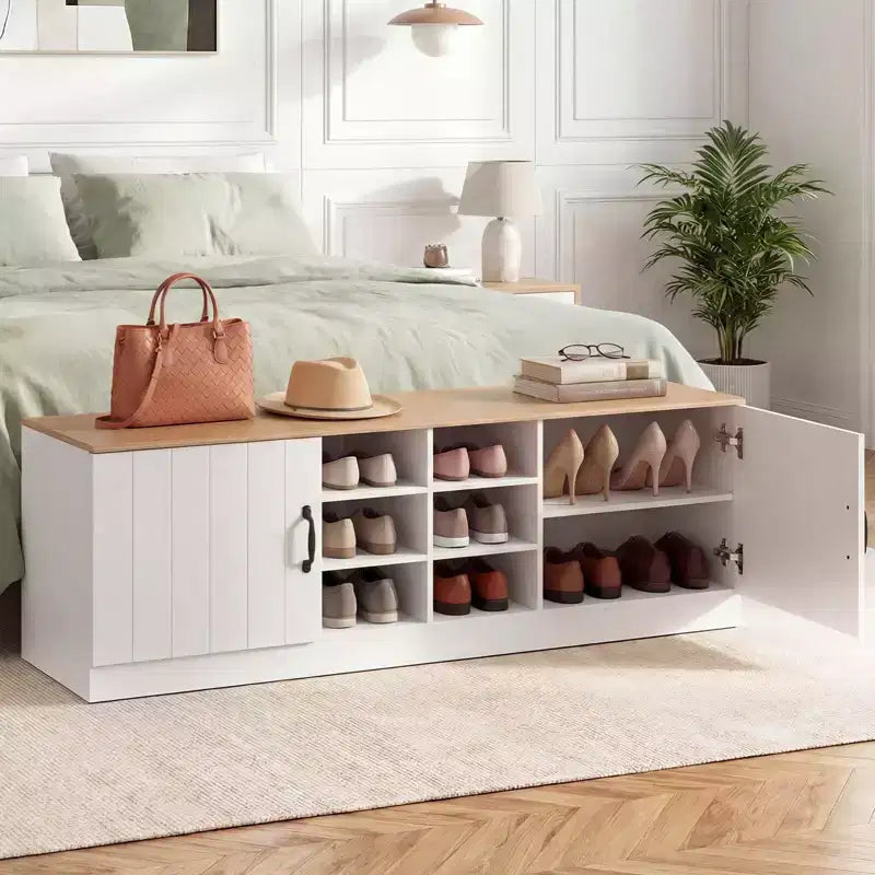 Banc à chaussures 2 portes Costway avec étagères réglables et espace de rangement caché Naturel + Blanc/Blanc