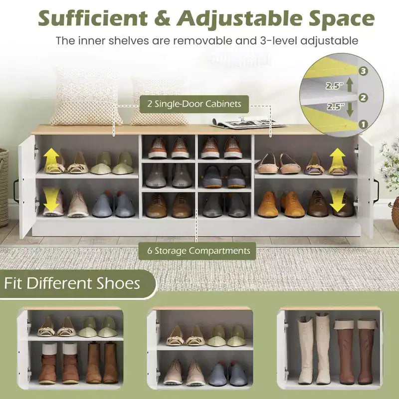 Banc à chaussures 2 portes Costway avec étagères réglables et espace de rangement caché Naturel + Blanc/Blanc