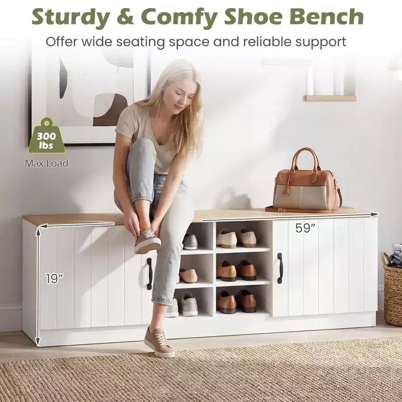 Banc à chaussures 2 portes Costway avec étagères réglables et espace de rangement caché Naturel + Blanc/Blanc