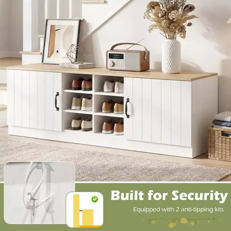 Banc à chaussures 2 portes Costway avec étagères réglables et espace de rangement caché Naturel + Blanc/Blanc