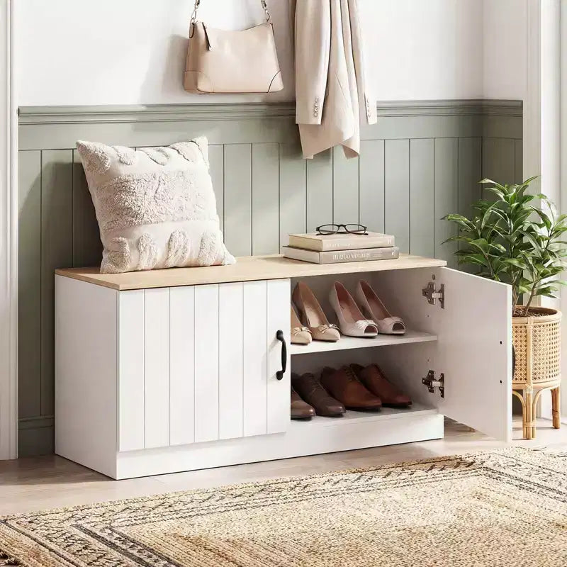 Banc à chaussures 2 portes Costway avec étagères réglables et espace de rangement caché Naturel + Blanc/Blanc