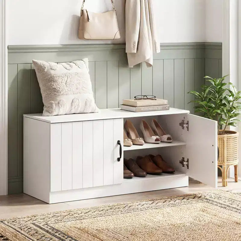 Banc à chaussures 2 portes Costway avec étagères réglables et espace de rangement caché Naturel + Blanc/Blanc