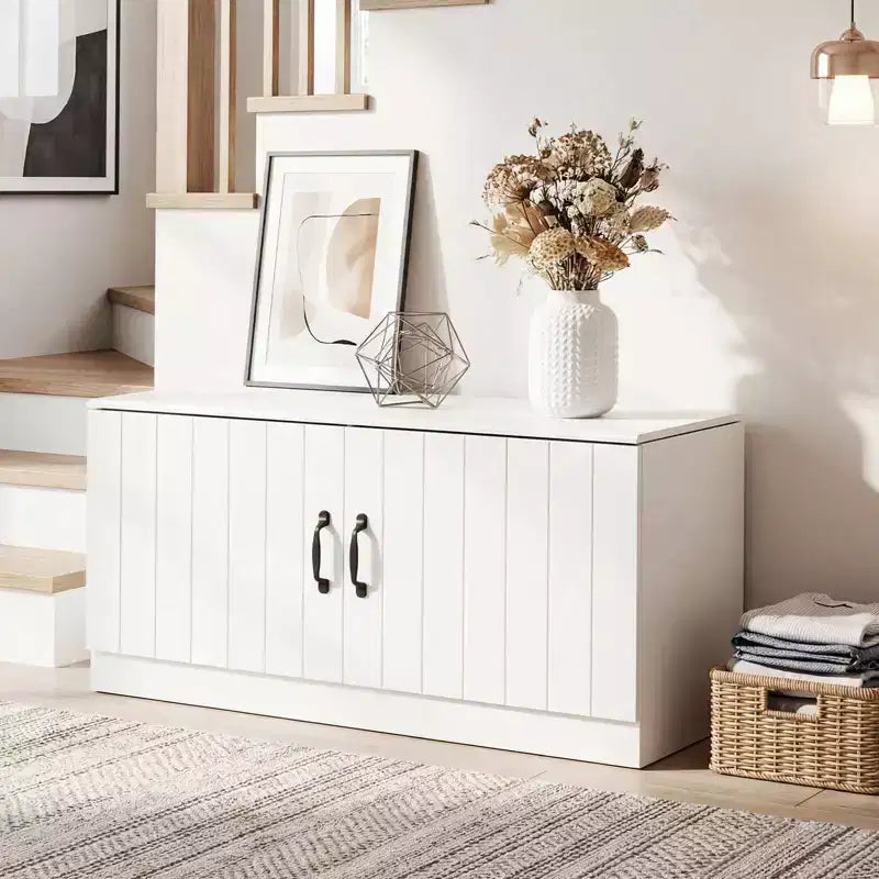 Banc à chaussures 2 portes Costway avec étagères réglables et espace de rangement caché Naturel + Blanc/Blanc