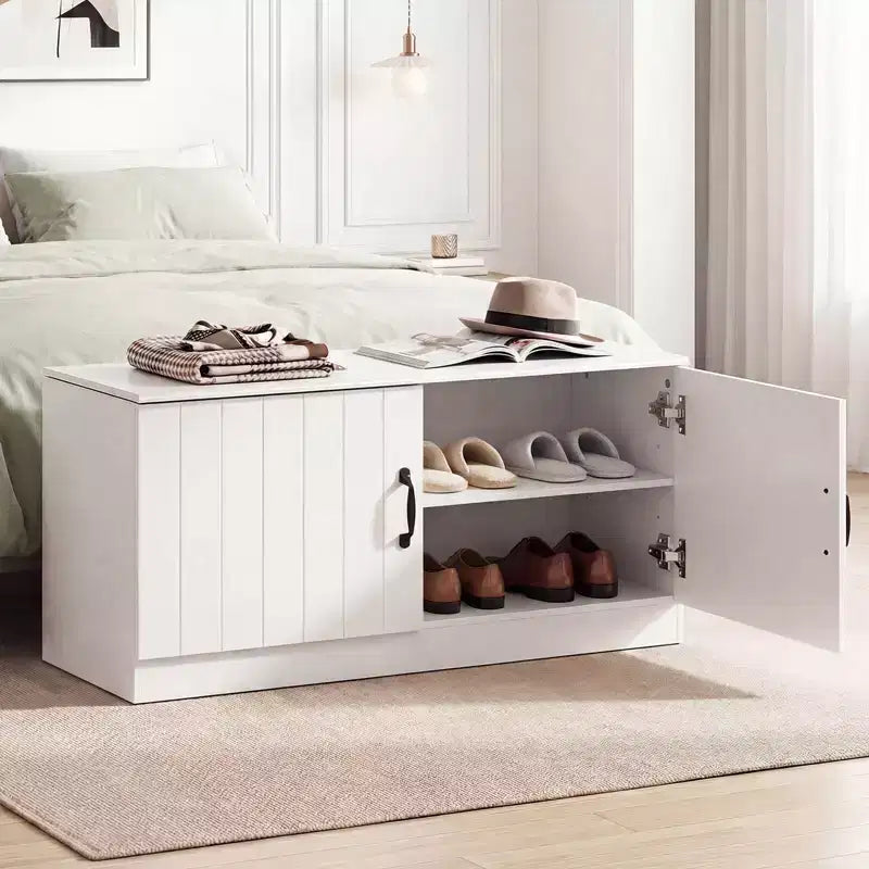 Banc à chaussures 2 portes Costway avec étagères réglables et espace de rangement caché Naturel + Blanc/Blanc