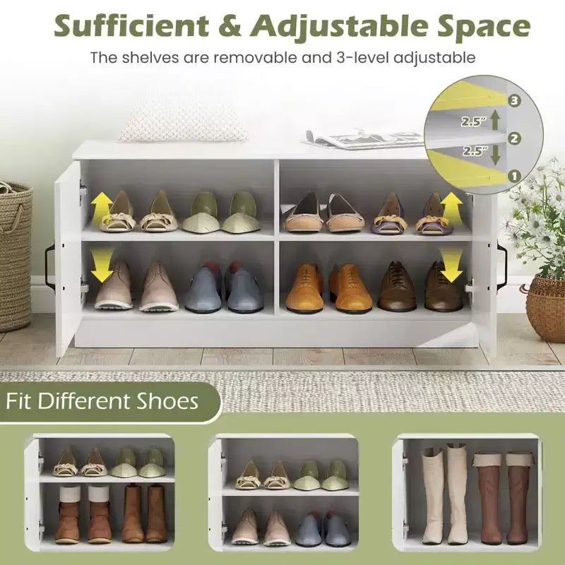 Banc à chaussures 2 portes Costway avec étagères réglables et espace de rangement caché Naturel + Blanc/Blanc