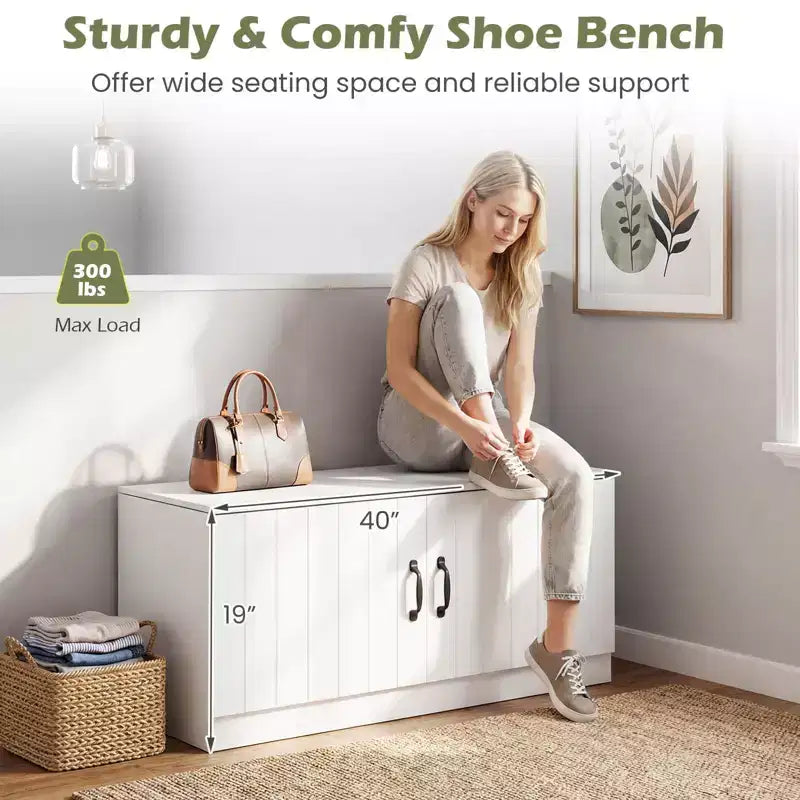 Banc à chaussures 2 portes Costway avec étagères réglables et espace de rangement caché Naturel + Blanc/Blanc