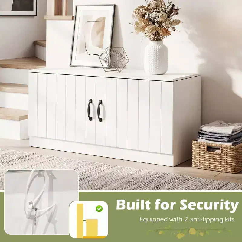 Banc à chaussures 2 portes Costway avec étagères réglables et espace de rangement caché Naturel + Blanc/Blanc