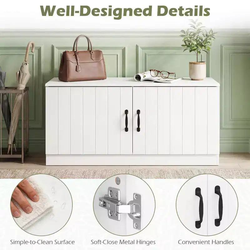 Banc à chaussures 2 portes Costway avec étagères réglables et espace de rangement caché Naturel + Blanc/Blanc