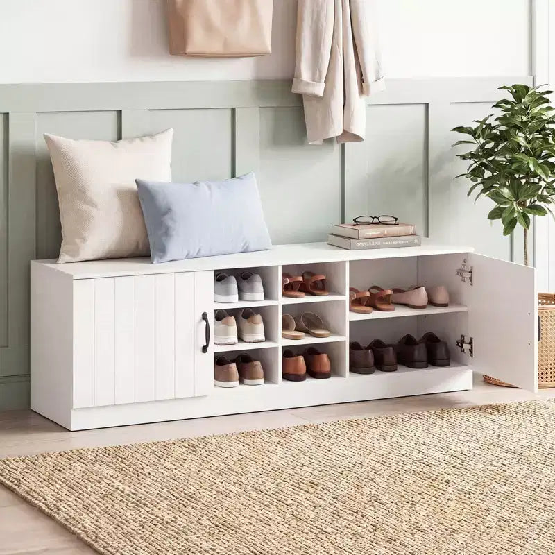 Banc à chaussures 2 portes Costway avec étagères réglables et espace de rangement caché Naturel + Blanc/Blanc