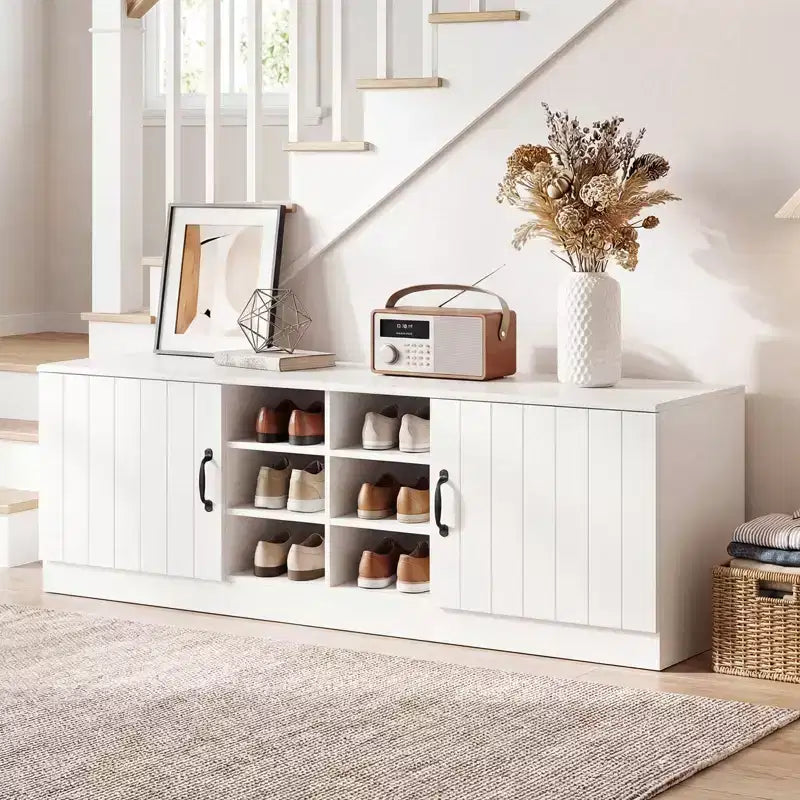 Banc à chaussures 2 portes Costway avec étagères réglables et espace de rangement caché Naturel + Blanc/Blanc