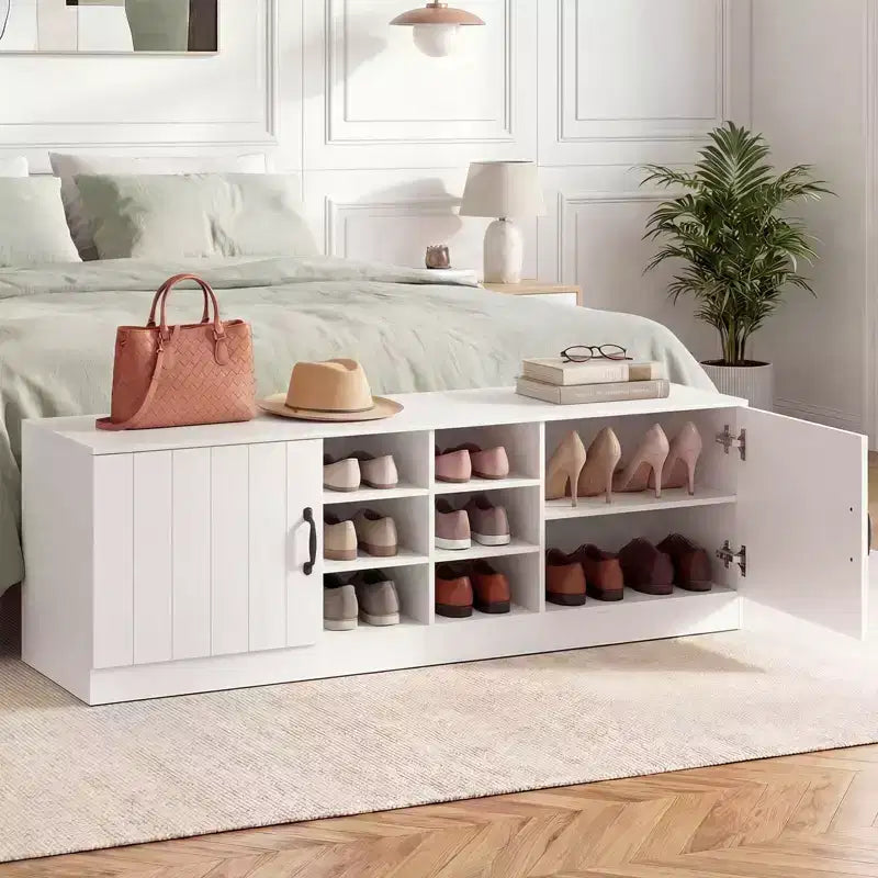 Banc à chaussures 2 portes Costway avec étagères réglables et espace de rangement caché Naturel + Blanc/Blanc