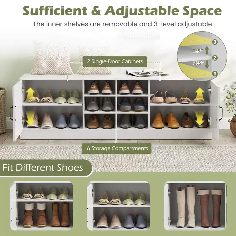 Banc à chaussures 2 portes Costway avec étagères réglables et espace de rangement caché Naturel + Blanc/Blanc