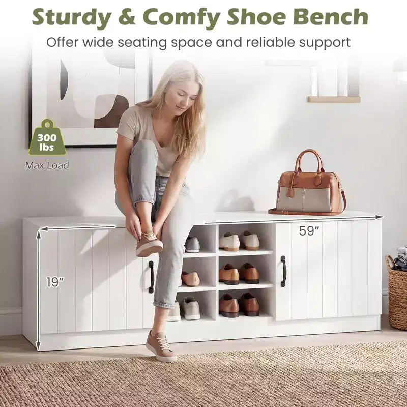 Banc à chaussures 2 portes Costway avec étagères réglables et espace de rangement caché Naturel + Blanc/Blanc