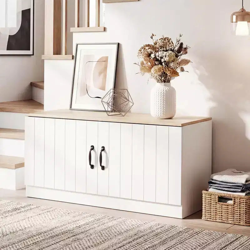 Banc à chaussures 2 portes Costway avec étagères réglables et espace de rangement caché Naturel + Blanc/Blanc