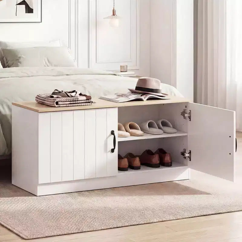 Banc à chaussures 2 portes Costway avec étagères réglables et espace de rangement caché Naturel + Blanc/Blanc
